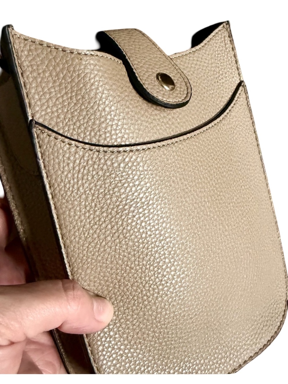 Beige Pebbled Cell Phone/Crossbody bag with distinctive Aztec-embroidered Strap